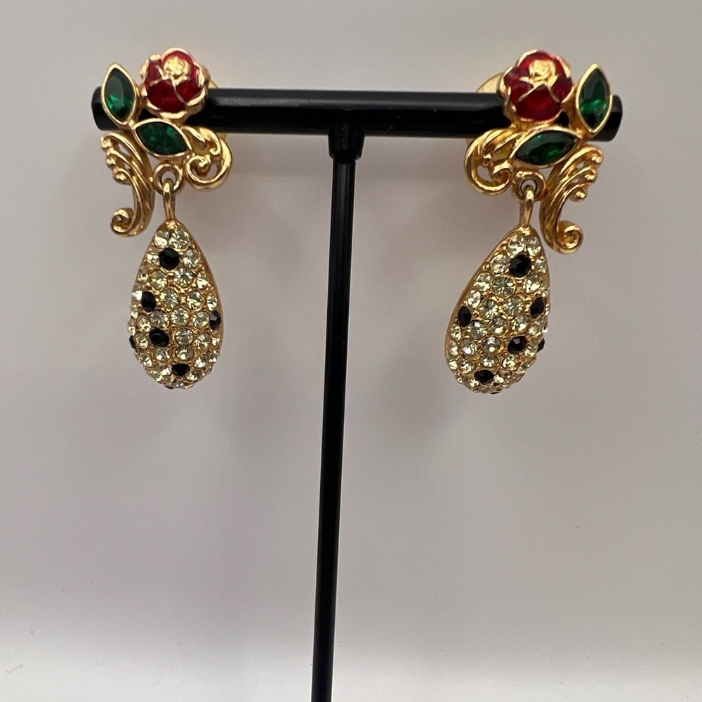 Gorgeous Rhinestone enamel rose gold tone pierced earrings
